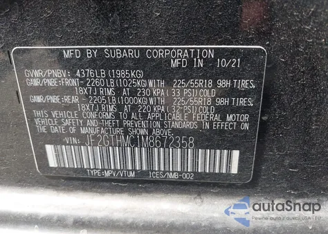 2021 Subaru Crosstrek Limited z USA, uszkodzony, nr VIN JF2GTHMC1M8672358